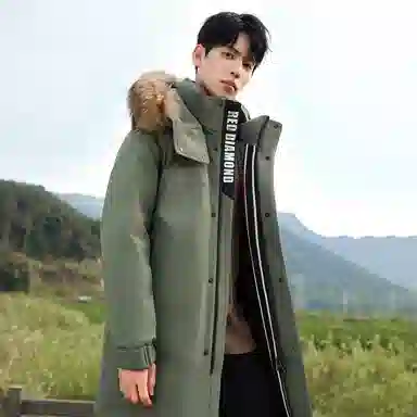 鸭鸭 绿色军大衣外套升级石墨烯内里可脱卸貉子毛领连帽无性别暗黑羽绒服 男女同款 黑色