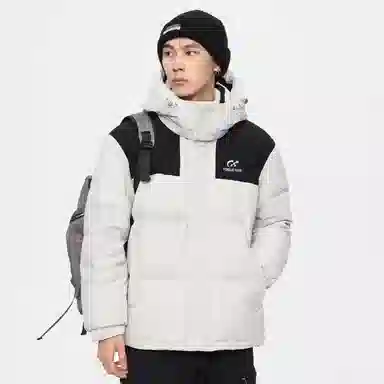 鸭鸭 加厚保暖插色拼接撞色休闲连帽鸭绒套头无性别面包服暗黑羽绒服外套 男女同款