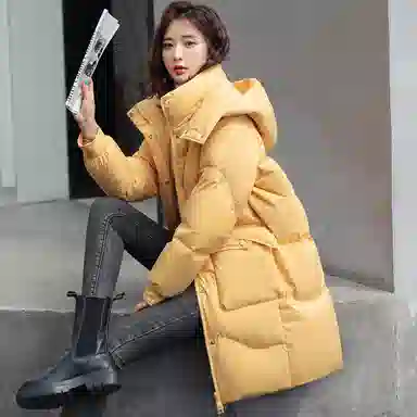 鸭鸭 中长款休闲宽松连帽可拆卸外套纯色保暖长款羽绒服 女款