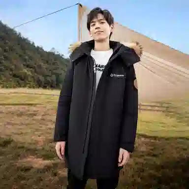 鸭鸭 绿色军大衣外套升级石墨烯内里可脱卸貉子毛领连帽无性别暗黑羽绒服 男女同款 黑色