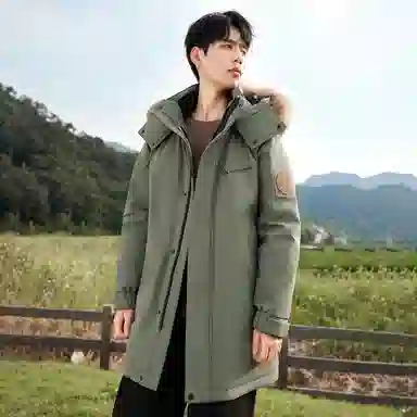 鸭鸭 绿色军大衣外套升级石墨烯内里可脱卸貉子毛领连帽无性别暗黑羽绒服 男女同款 黑色