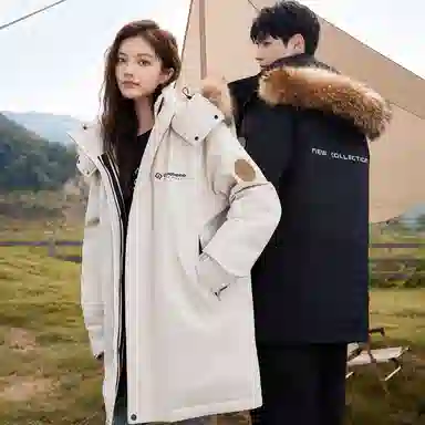 鸭鸭 绿色军大衣外套升级石墨烯内里可脱卸貉子毛领连帽无性别暗黑羽绒服 男女同款 黑色