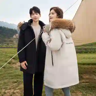 鸭鸭 绿色军大衣外套升级石墨烯内里可脱卸貉子毛领连帽无性别暗黑羽绒服 男女同款 黑色