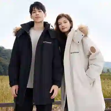 鸭鸭 绿色军大衣外套升级石墨烯内里可脱卸貉子毛领连帽无性别暗黑羽绒服 男女同款 黑色