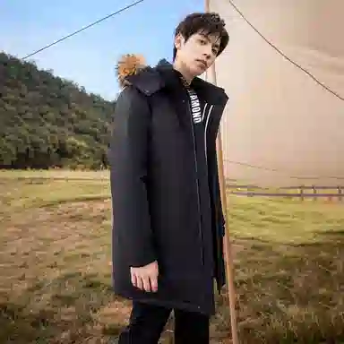 鸭鸭 绿色军大衣外套升级石墨烯内里可脱卸貉子毛领连帽无性别暗黑羽绒服 男女同款 黑色