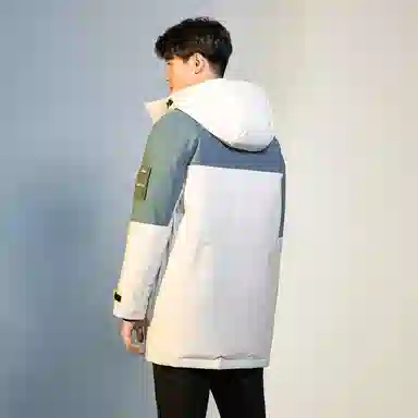 鸭鸭 加厚保暖撞色拼接休闲宽松中长款连帽暗黑羽绒服 男款