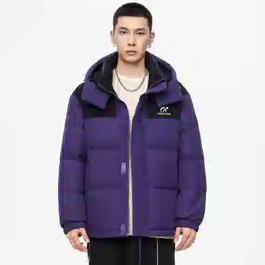 鸭鸭 加厚保暖插色拼接撞色休闲连帽鸭绒套头无性别面包服暗黑羽绒服外套 男女同款