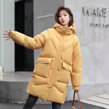 鸭鸭 中长款休闲宽松连帽可拆卸外套纯色保暖长款羽绒服 女款
