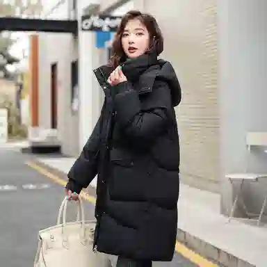 鸭鸭 中长款休闲宽松连帽可拆卸外套纯色保暖长款羽绒服 女款