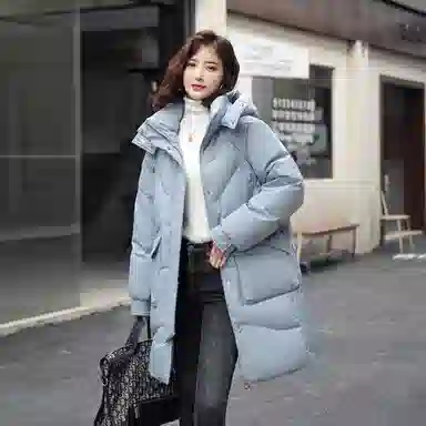 鸭鸭 中长款休闲宽松连帽可拆卸外套纯色保暖长款羽绒服 女款