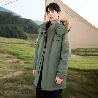 鸭鸭 绿色军大衣外套升级石墨烯内里可脱卸貉子毛领连帽无性别暗黑羽绒服 男女同款 黑色