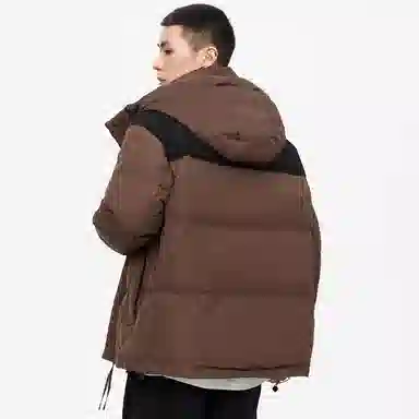 鸭鸭 加厚保暖插色拼接撞色休闲连帽鸭绒套头无性别面包服暗黑羽绒服外套 男女同款