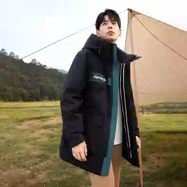 鸭鸭 山系户外风工装多口袋插色拼接立体滴塑休闲宽松连帽套头羽绒服 男女同款