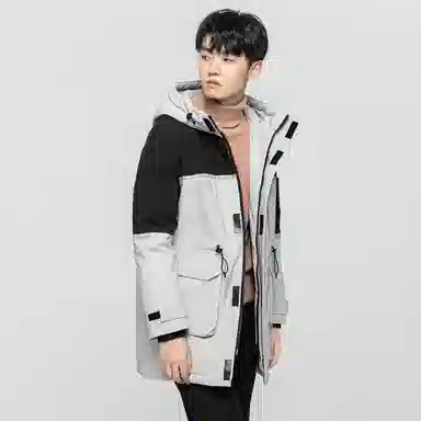 鸭鸭 加厚保暖撞色拼接休闲宽松中长款连帽暗黑羽绒服 男款