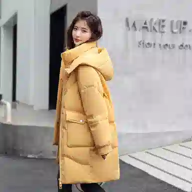 鸭鸭 中长款休闲宽松连帽可拆卸外套纯色保暖长款羽绒服 女款