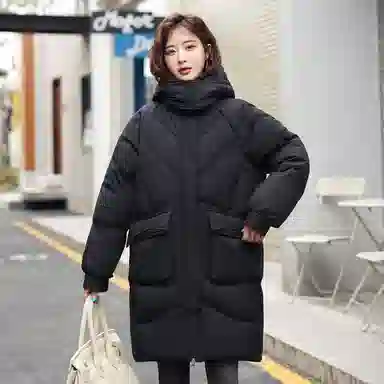 鸭鸭 中长款休闲宽松连帽可拆卸外套纯色保暖长款羽绒服 女款