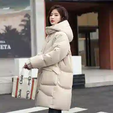 鸭鸭 中长款休闲宽松连帽可拆卸外套纯色保暖长款羽绒服 女款