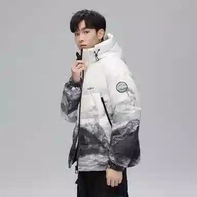 鸭鸭 白云雪山渐变休闲宽松连帽套头羽绒服 男女同款