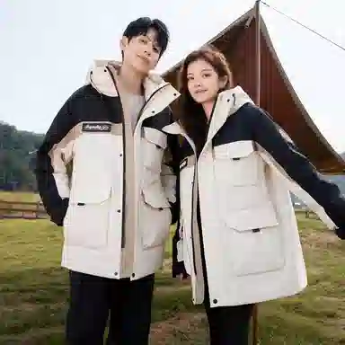 鸭鸭 山系户外风工装多口袋插色拼接立体滴塑休闲宽松连帽套头羽绒服 男女同款