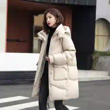 鸭鸭 中长款休闲宽松连帽可拆卸外套纯色保暖长款羽绒服 女款