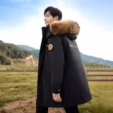 鸭鸭 绿色军大衣外套升级石墨烯内里可脱卸貉子毛领连帽无性别暗黑羽绒服 男女同款 黑色