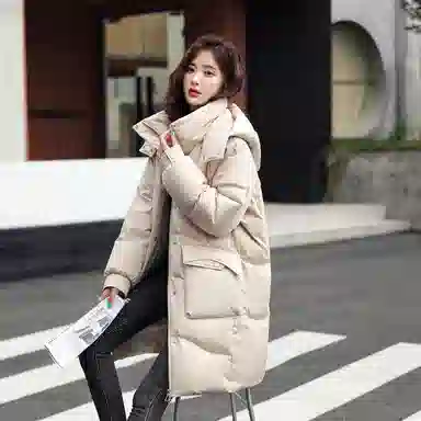 鸭鸭 中长款休闲宽松连帽可拆卸外套纯色保暖长款羽绒服 女款