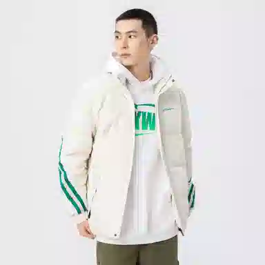 鸭鸭 加厚保暖鸭绒撞色条纹织带休闲宽松立领无帽无性别面包服暗黑羽绒服外套 男女同款