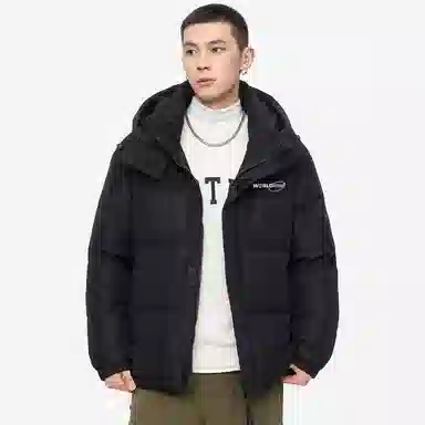 鸭鸭 高端通勤系列 冬季基础款拼接插色简约字母印花设计感学生党好物显高小众垂感宽松休闲防寒保暖插色抽绳连帽羽绒服 男女同款