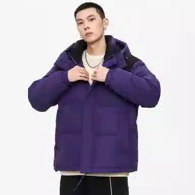 鸭鸭 加厚保暖插色拼接撞色休闲连帽鸭绒套头无性别面包服暗黑羽绒服外套 男女同款