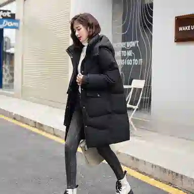 鸭鸭 中长款休闲宽松连帽可拆卸外套纯色保暖长款羽绒服 女款