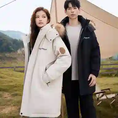 鸭鸭 绿色军大衣外套升级石墨烯内里可脱卸貉子毛领连帽无性别暗黑羽绒服 男女同款 黑色