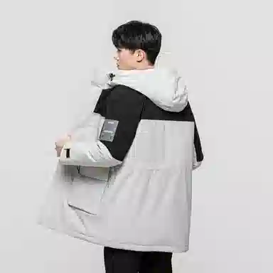 鸭鸭 加厚保暖撞色拼接休闲宽松中长款连帽暗黑羽绒服 男款