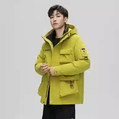 鸭鸭 山系字母印花立体多口袋设计连帽保暖羽绒服 男女同款