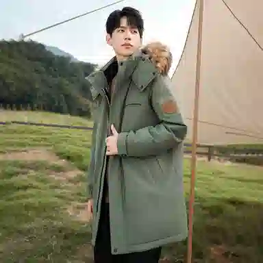 鸭鸭 绿色军大衣外套升级石墨烯内里可脱卸貉子毛领连帽无性别暗黑羽绒服 男女同款 黑色