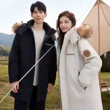 鸭鸭 绿色军大衣外套升级石墨烯内里可脱卸貉子毛领连帽无性别暗黑羽绒服 男女同款 黑色