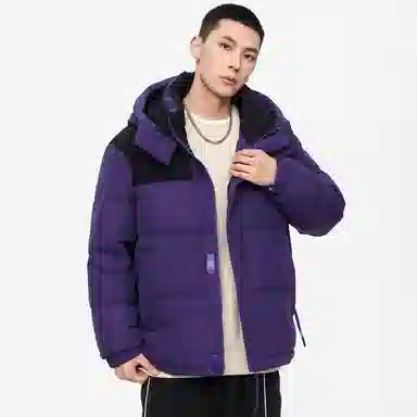 鸭鸭 加厚保暖插色拼接撞色休闲连帽鸭绒套头无性别面包服暗黑羽绒服外套 男女同款