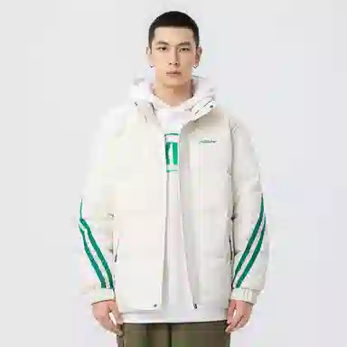 鸭鸭 加厚保暖鸭绒撞色条纹织带休闲宽松立领无帽无性别面包服暗黑羽绒服外套 男女同款