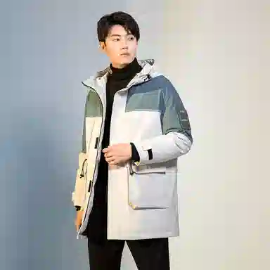 鸭鸭 加厚保暖撞色拼接休闲宽松中长款连帽暗黑羽绒服 男款