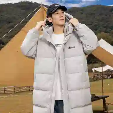 鸭鸭 字母纯色连帽拉链宽松长袖羽绒服 男款