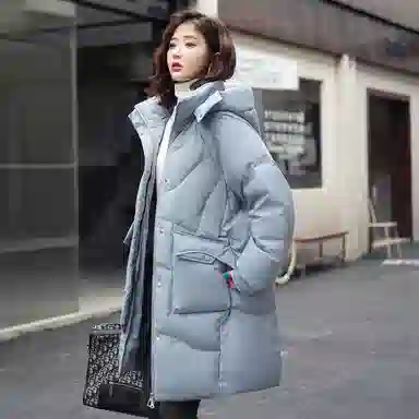 鸭鸭 中长款休闲宽松连帽可拆卸外套纯色保暖长款羽绒服 女款