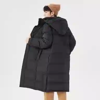 鸭鸭 纯色中长款连帽拉链保暖休闲羽绒服 男女同款