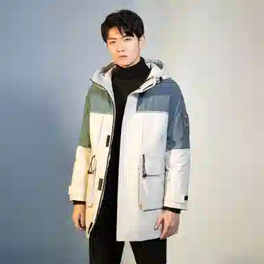 鸭鸭 加厚保暖撞色拼接休闲宽松中长款连帽暗黑羽绒服 男款