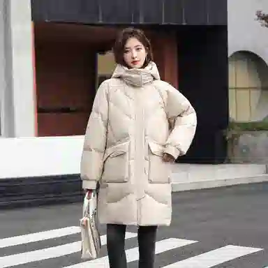 鸭鸭 中长款休闲宽松连帽可拆卸外套纯色保暖长款羽绒服 女款