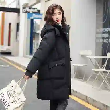 鸭鸭 中长款休闲宽松连帽可拆卸外套纯色保暖长款羽绒服 女款