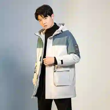 鸭鸭 加厚保暖撞色拼接休闲宽松中长款连帽暗黑羽绒服 男款