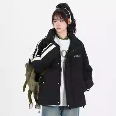 鸭鸭 美式高街复古简约字母印花宽松休闲时尚百搭户外运动舒适柔软保暖防风防寒纯色拉链立领羽绒服 男女同款