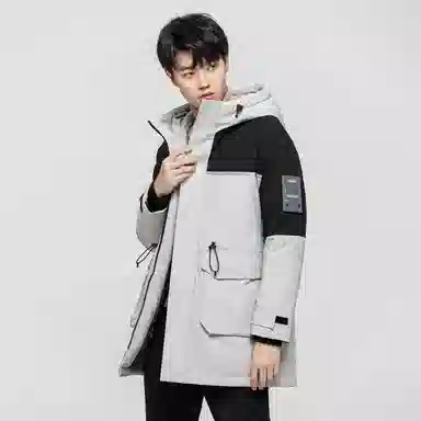鸭鸭 加厚保暖撞色拼接休闲宽松中长款连帽暗黑羽绒服 男款