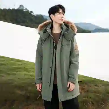 鸭鸭 绿色军大衣外套升级石墨烯内里可脱卸貉子毛领连帽无性别暗黑羽绒服 男女同款 黑色