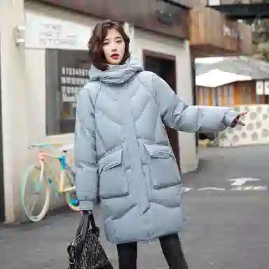 鸭鸭 中长款休闲宽松连帽可拆卸外套纯色保暖长款羽绒服 女款