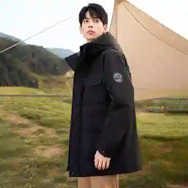 鸭鸭 山系户外风工装多口袋插色拼接立体滴塑休闲宽松连帽套头羽绒服 男女同款